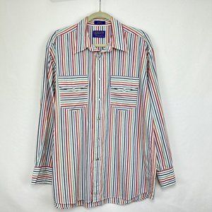 Pendleton L Mens Vtg Pearl Snap Western Shirt White Red Blue Stripes L/S *V